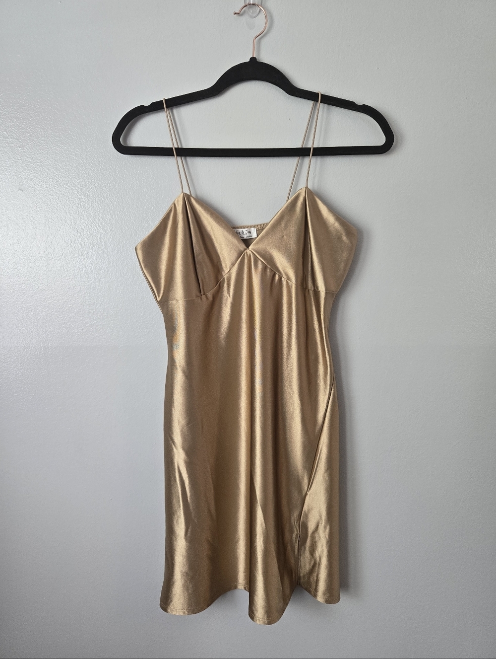 Jolie & Joy Gold Satin Slip Dress Large V-Neck Spaghetti Strap Mini Cocktail L